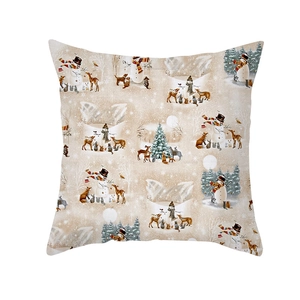 Detailed Christmas elk and snowman print on a square beige polyester cushion cover