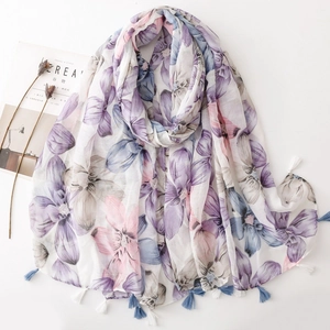 Floral Print Scarf Lightweight Voile Shawl With Tassels For Women Long Sun Protection Elegant Spring Summer Pastoral Style