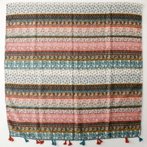 Ethnic bohemian square scarf with floral paisley patterns and colorful tassels
