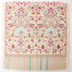 Bohemian floral scarf with soft pink patterns and colorful gradient stripes on beige fabric