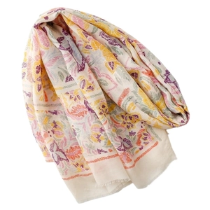 Floral cotton scarf with vibrant botanical patterns and red tassel edge for women