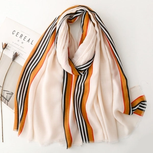 Women Striped Contrast Color Scarf Lightweight Soft Cotton Linen Feel Sunscreen Shawl For Beach Travel Fashionable Accessory
