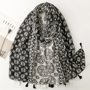 Boho Geometric Print Long Scarf Shawl Cotton Polyester Blend Tassel Fringe Ethnic Lightweight Sun Protection For Women
