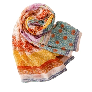 Bohemian floral scarf in lightweight voile with ethnic prints and vibrant multi-colored fringe
