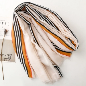 Striped soft cotton linen shawl scarf in beige and multicolor stripes with frayed edges