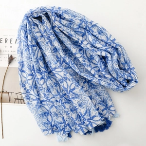 Bohemian blue floral print shawl with porcelain patterns and decorative tassels