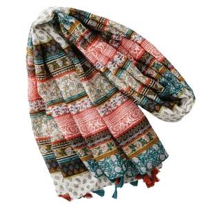 Bohemian floral scarf with tassels and colorful vintage geometric ethnic prints