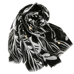 Black cotton scarf with white leaf prints, gold coin accents, and fringed edges shawl