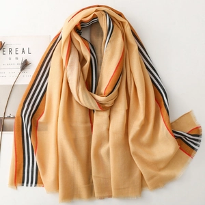 Soft striped linen-feel shawl in camel yellow with stylish fringe for women scarf