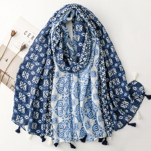 Ethnic style geometric navy blue cotton linen scarf with elegant tassels and vintage floral patterns