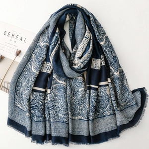 Vintage paisley pattern navy blue pashmina scarf with elegant fringe details