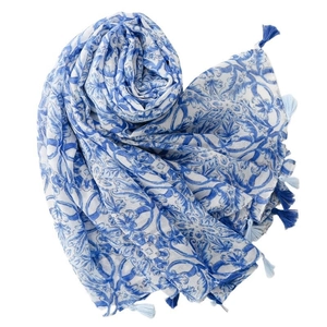 Blue porcelain pattern bohemian scarf with fringe tassels on a clean white background