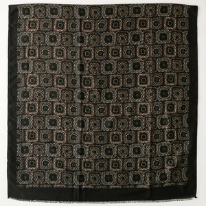 Vintage kaleidoscope pattern black cotton linen feel scarf with elegant fringe trim