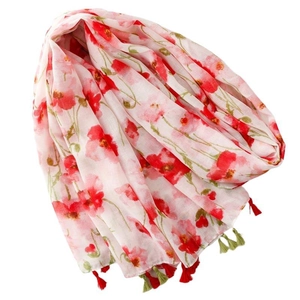 Roze boho sjaal met rode bloemenprint en decoratieve kwastjes voor dames