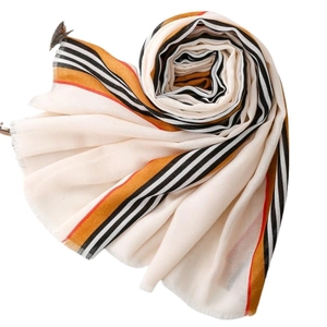 Striped cotton linen feel scarf with frayed edges in cream, orange and black
