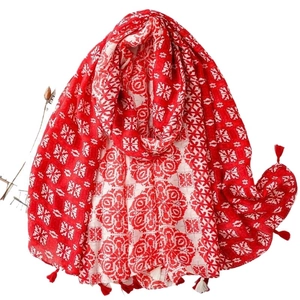 Long cotton linen scarf with red and white geometric floral print and tassels