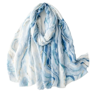 Blue and white marble print shawl with gold shimmer threads and fringed edges