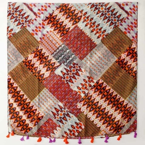 Bohemian geometric diamond pattern lightweight scarf with colorful fringe tassels