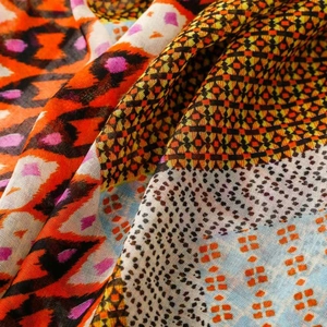 Macro detail of Bohemian geometric printed scarf fabric with tassels and soft texture