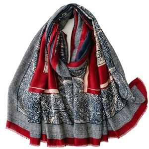 Vintage paisley printed shawl in red and navy blue with delicate fringe edges