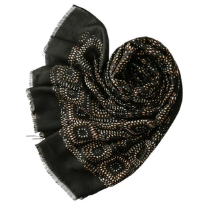 Black bohemian scarf with geometric polka dot pattern and fringe edges in a heart shape
