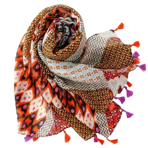 Bohemian geometric diamond print scarf with colorful tassels on a white background