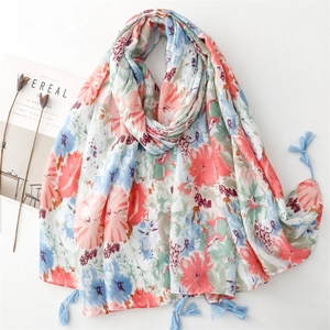 Women Floral Printed Scarf Shawl Soft Linen Feel Polyester With Cotton Tassel Fringe Breathable Sun Protection Travel