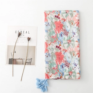 Thick soft scarf with pink blue floral prints and tassels for women's travel wrap