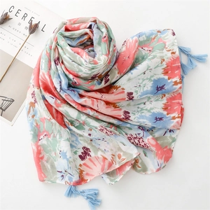 Floral watercolor scarf in pink and blue with elegant light blue tassels on white background