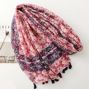 Bohemian geometric print scarf with colorful tassels and soft breathable fabric