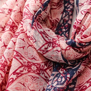 Close-up of bohemian scarf fabric showing intricate geometric patterns and red fringe