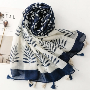 Lightweight blue and white floral scarf with tassel fringe for women's summer wear