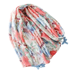 Thick soft scarf with pink and blue floral print and fringe tassels for women and men