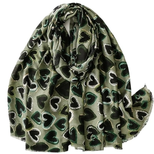 Linen feel scarf with gold heart prints and fringe edges in sage green for women
