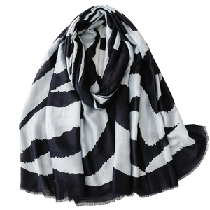 Classic zebra striped long scarf for men and women with elegant blue wavy lines and fringe