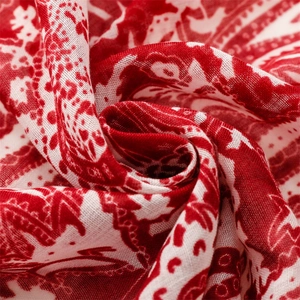 Gros plan sur le tissu imprimé cachemire rouge et blanc avec détails de tissage fin