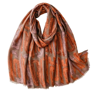 Artistic geometric scarf in coffee brown with abstract orange and purple line patterns