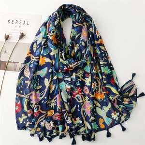 Hummingbird Flower Print Scarf Bohemian Colorful Voile Shawl With Tassels Lightweight Elegant Accessory For Women