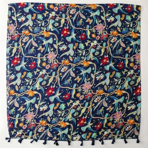 Bohemian dark blue shawl with colorful bird floral prints and fringe tassels