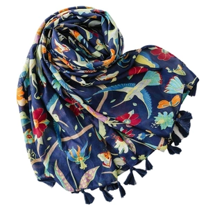 Bohemian navy blue scarf with colorful bird and floral prints and navy fringe tassels