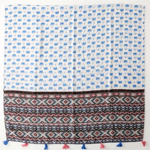 Ethnic elephant print scarf with bohemian geometric stripes and colorful tassels