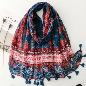 Bohemian Ethnic Print Scarf Tassel Lightweight Polyester Bali Yarn Retro Geometric Floral Shawl For Women