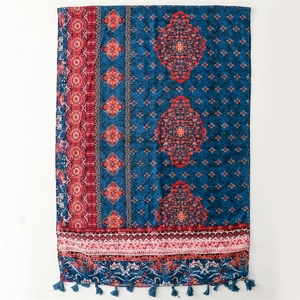 Vintage ethnic cotton linen scarf with blue geometric floral patterns and fringe tassels