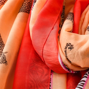 Detailed texture of leopard and zebra print scarf in vibrant orange and red tones