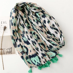 Mint green leopard print scarf with tassels and abstract pattern for women