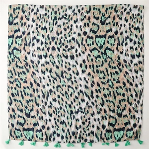 Green leopard print lightweight scarf with mint green tassel edges for women