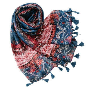 Bohemian geometric floral scarf with blue tassels and ethnic pattern in red and navy blue