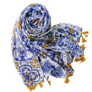 Écharpe bohème bleue à motifs floraux avec pompons jaunes et tissu léger