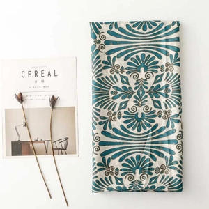 Teal and gold floral pattern cotton-linen scarf with fringed edges for women