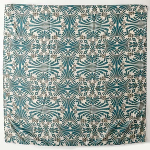 Classic blue and beige floral cotton-linen scarf with elegant golden foil leaf patterns